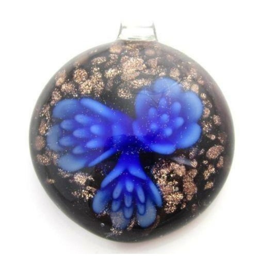 Vibrant Blue Flowers Black Base Copper Splatter Hand Blown Glass Circle Pendant